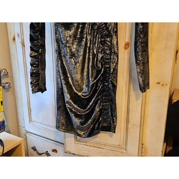 Ronny Kobo Womens Yarden Black & Gold Metallic Velvet Ruched Mini Dress XS - Picture 4 of 8